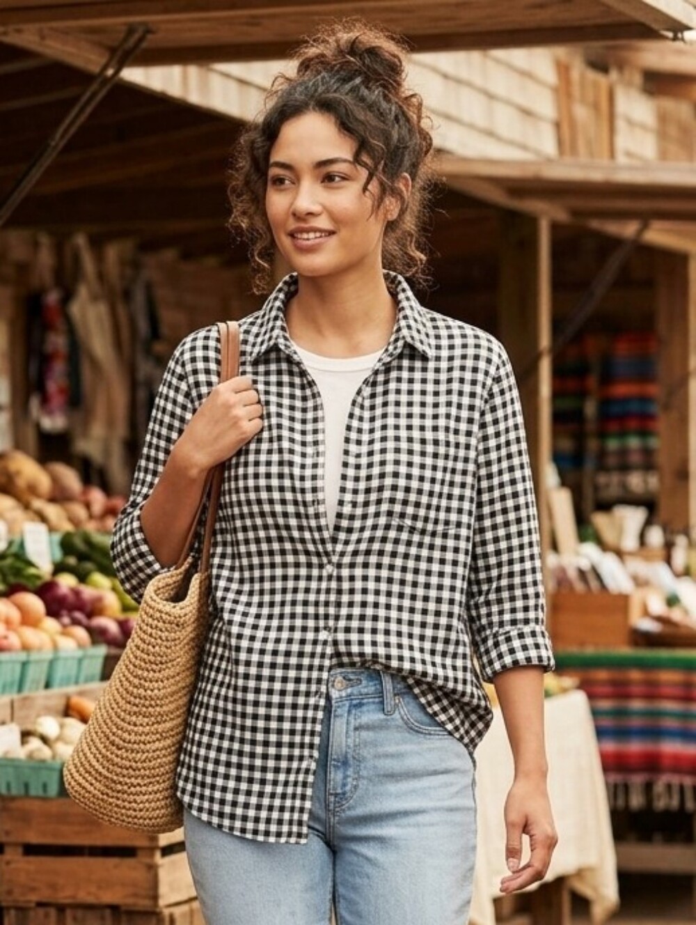 Susan Graver Pure Gingham Plaid Button-Front Shirt Sz XL Linen Blend Preppy Luxe
